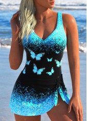 Tie Butterfly Print Cyan One Piece Swimdress