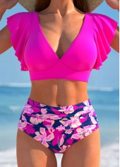 Ruffle Floral Print Hot Pink Bikini Set
