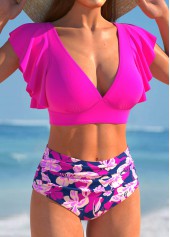 Ruffle Floral Print Hot Pink Bikini Set | thumb picture 