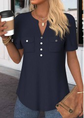 Navy Button Short Sleeve Split Neck Blouse