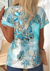 Light Blue Button Butterfly Print Short Sleeve T Shirt | thumb picture 