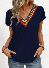Navy Patchwork Tribal Print Short Sleeve T Shirt