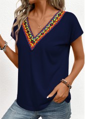Navy Patchwork Tribal Print Short Sleeve T Shirt