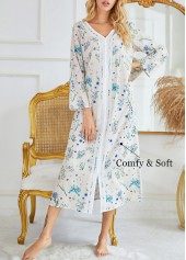 Blue Ditsy Floral Print Long Sleeve V Neck Nightdress