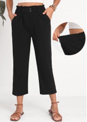 Black Button Elastic Waist High Waisted Pants