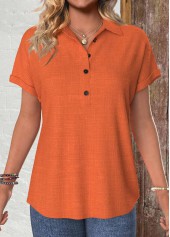 Terracotta Button Short Sleeve Shirt Collar Blouse