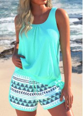 Plus Size Bowknot Mint Green Geometric Print Tankini Set