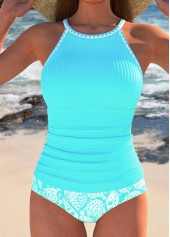 Contrast Binding Marine Life Print Cyan Tankini Set