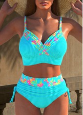 Jacquard Floral Print Cyan Bikini Set