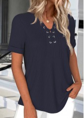 Navy Lace Up Short Sleeve T Shirt