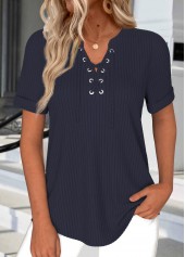 Navy Lace Up Short Sleeve T Shirt