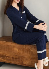 Navy Long Sleeve V Neck Lounge Top and Pants