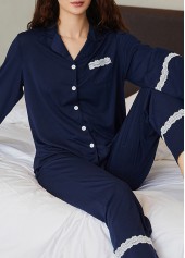 Navy Long Sleeve V Neck Lounge Top and Pants