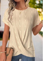 Light Camel Surplice Short Sleeve Round Neck T Shirt