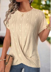 Light Camel Surplice Short Sleeve Round Neck T Shirt