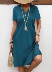 Turquoise Button A Line Short Sleeve V Neck Dress