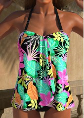 Cross Hem Floral Print Black Tankini Set