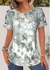 Sage Green Button Floral Print Short Sleeve T Shirt