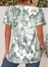 Sage Green Button Floral Print Short Sleeve T Shirt