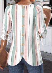 White Drawstring Striped Half Sleeve Round Neck Blouse