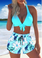 Tie Floral Print Cyan Bikini Set