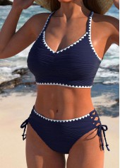 Contrast Binding Navy Lace Up Bikini Set | thumb picture 