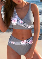 Asymmetry Floral Print Grey Bikini Set