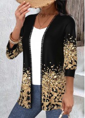 Black Patchwork Leopard 3/4 Sleeve Round Neck Light Cardigan
