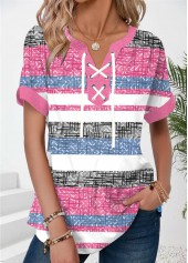 Pink Patchwork Striped Short Sleeve Split Neck T Shirt
