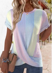 Multi Color Cross Hem Striped Short Sleeve T Shirt