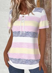 Multi Color Lace Up Striped Short Sleeve T Shirt
