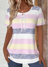 Multi Color Lace Up Striped Short Sleeve T Shirt