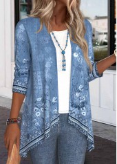 Denim Blue Patchwork Floral Print Long Sleeve Light Cardigan | thumb picture 