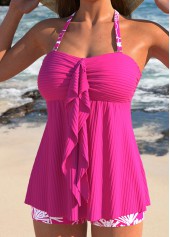 Ruffle Tropical Plants Print Hot Pink Tankini Set | thumb picture 