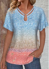Blue Patchwork Ombre Short Sleeve T Shirt