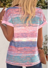 Pink Patchwork Striped Short Sleeve Round Neck T Shirt