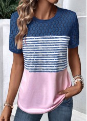 Peacock Blue Lace Striped Short Sleeve T Shirt