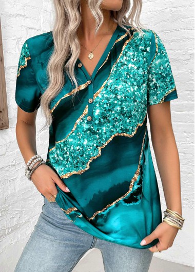 women clothes image of Turquoise Button Marble Print Short Sleeve T Shirt