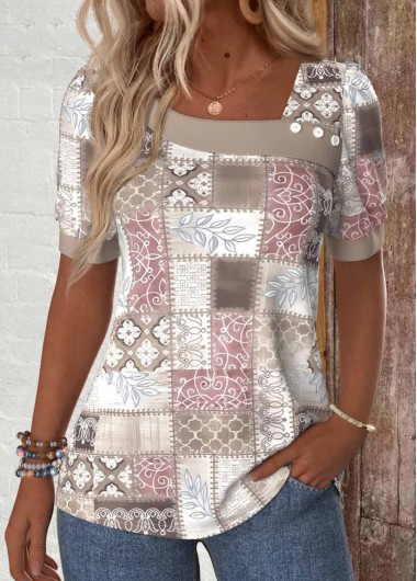 women clothes image of Light Pink Patchwork Geometric Print Short Sleeve T Shirt