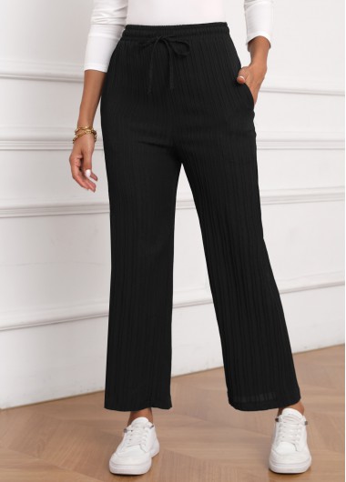 women clothes image of Black Textured Fabric Drawastring High Waisted Pants