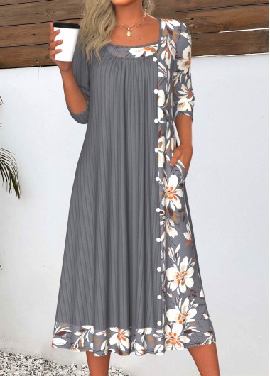 Modlily Dark Grey Patchwork Floral Print A Line Dress - S