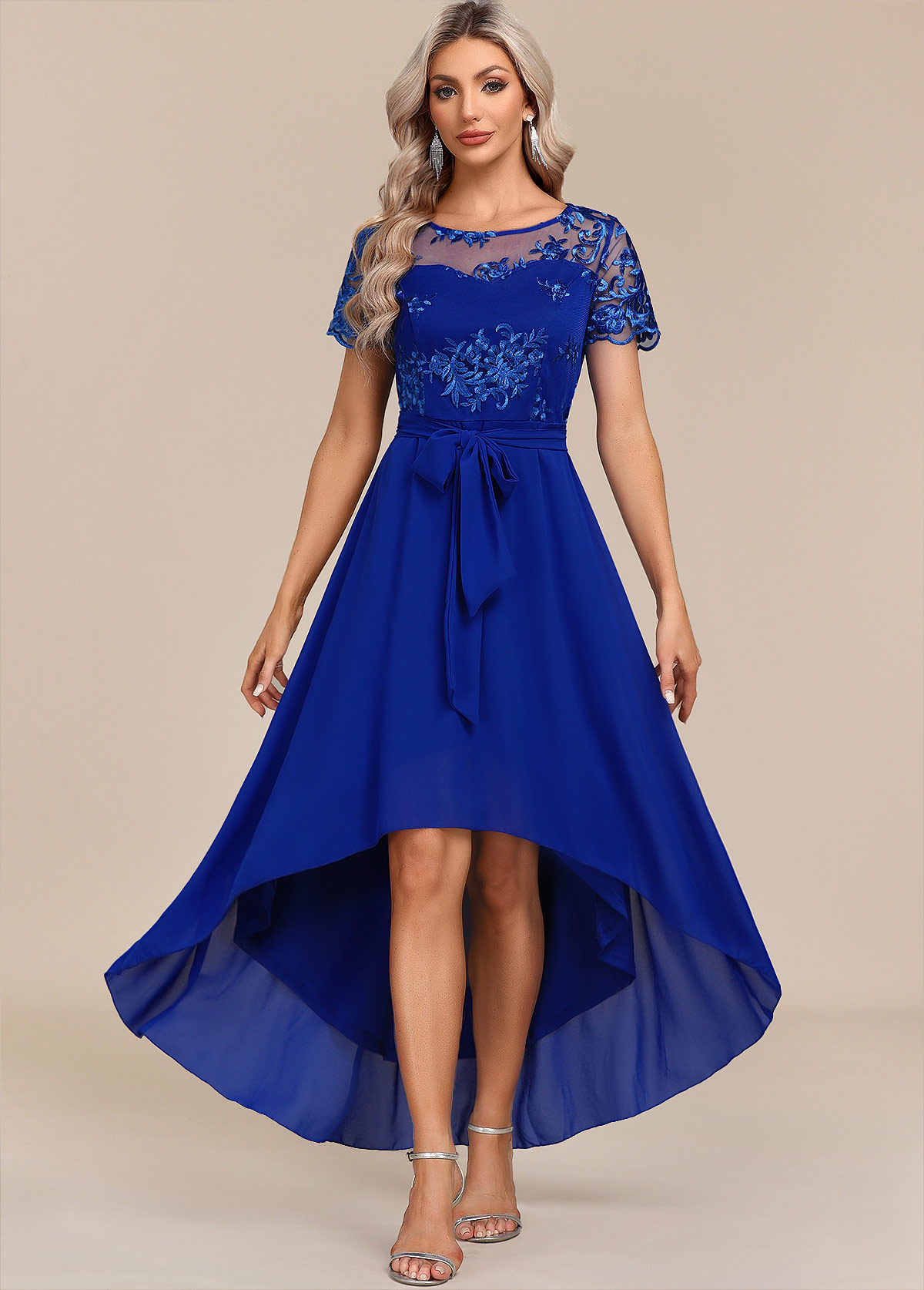 Sapphire Blue Belted Lace Patchwork Maxi Dress | picture 