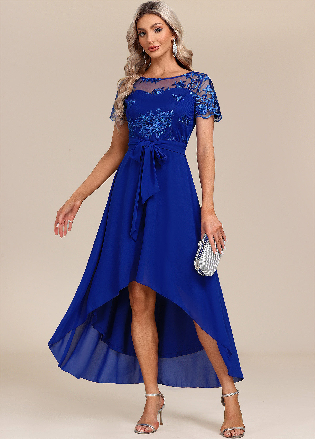 Sapphire Blue Belted Lace Patchwork Maxi Dress | picture 