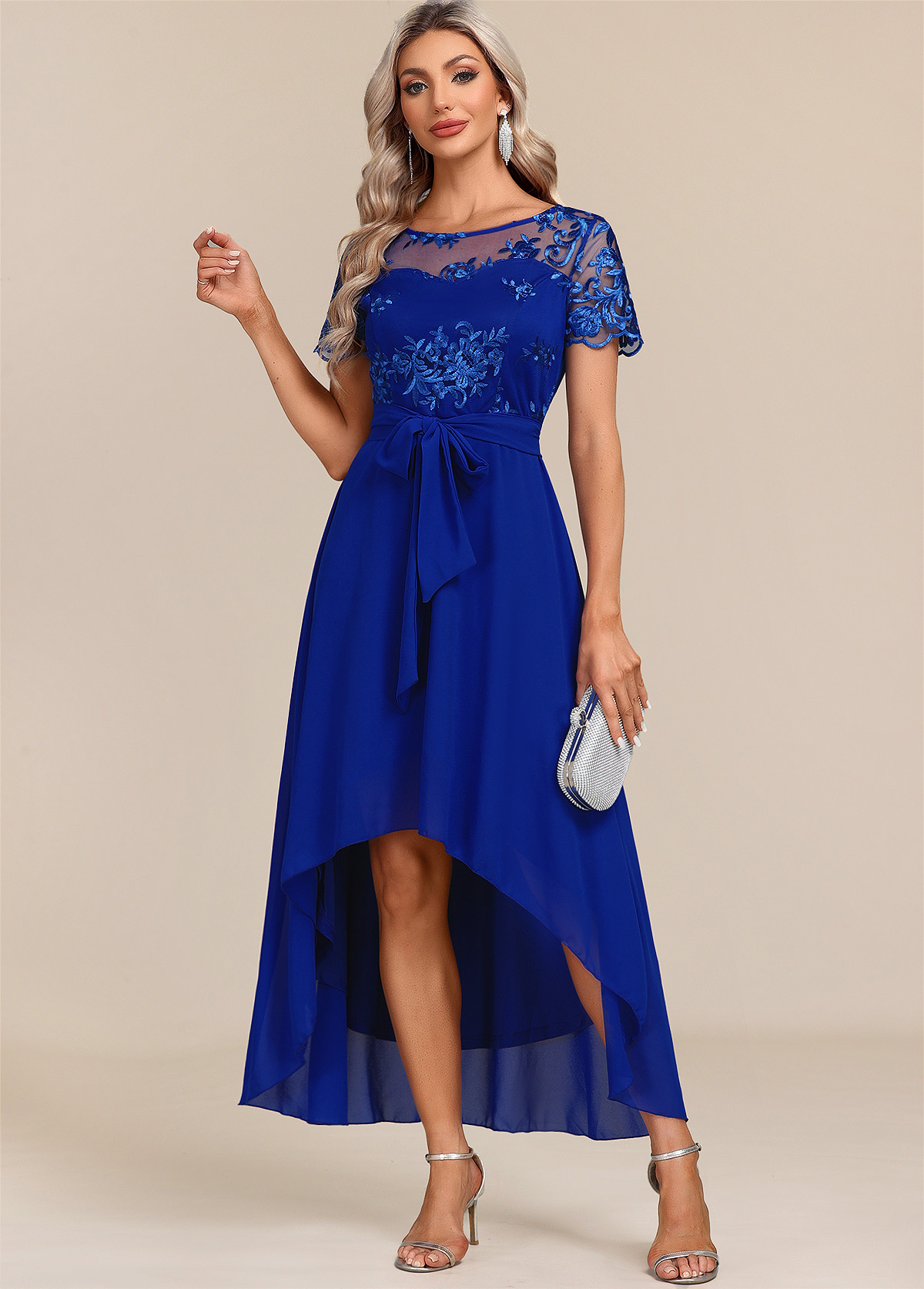 Sapphire Blue Belted Lace Patchwork Maxi Dress | picture 