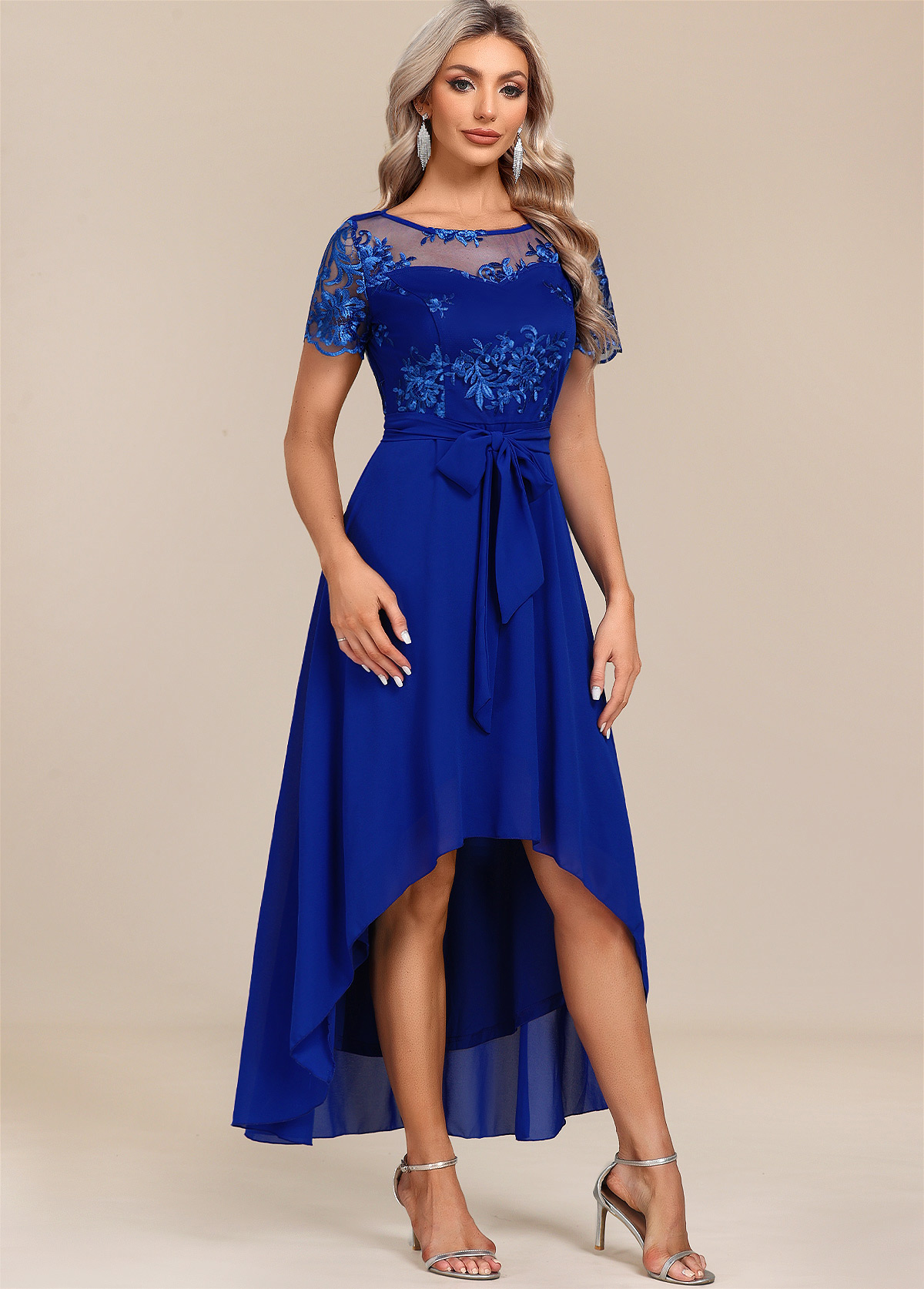 Sapphire Blue Belted Lace Patchwork Maxi Dress | picture 