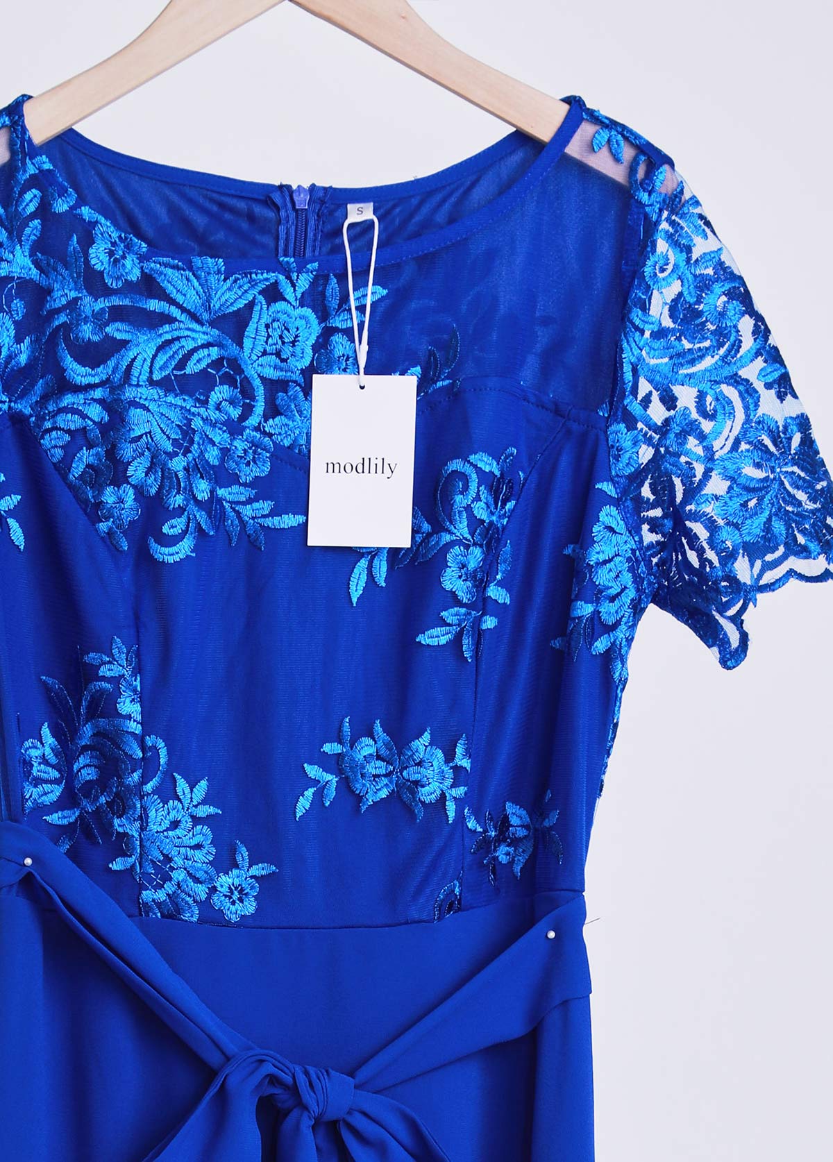 Sapphire Blue Belted Lace Patchwork Maxi Dress | picture 