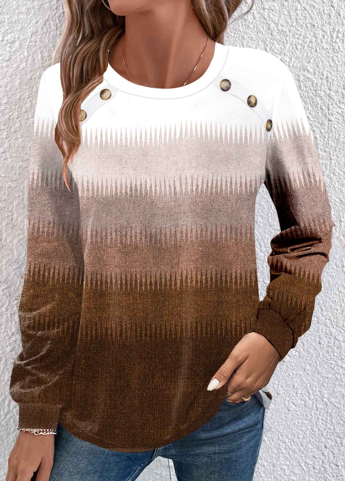 Dark Camel Button Ombre Long Sleeve T Shirt | picture 