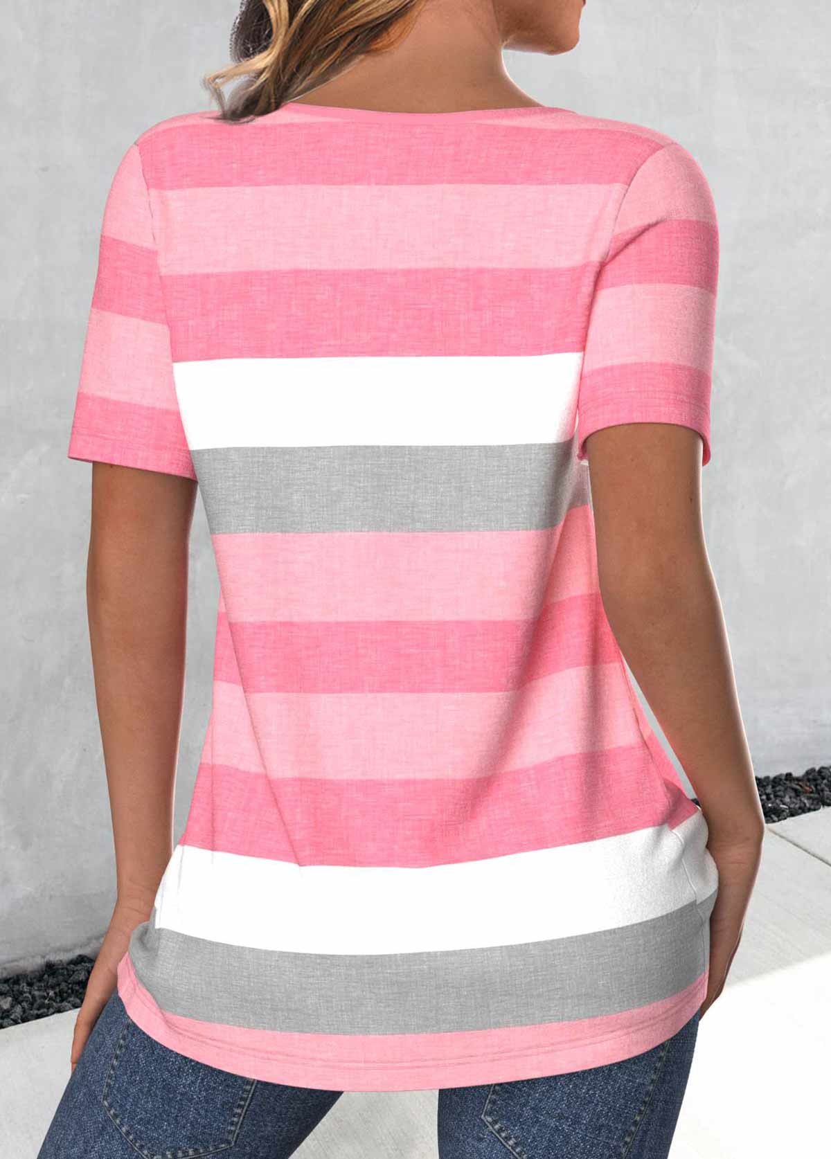 Light Pink Button Striped Short Sleeve T Shirt | picture 
