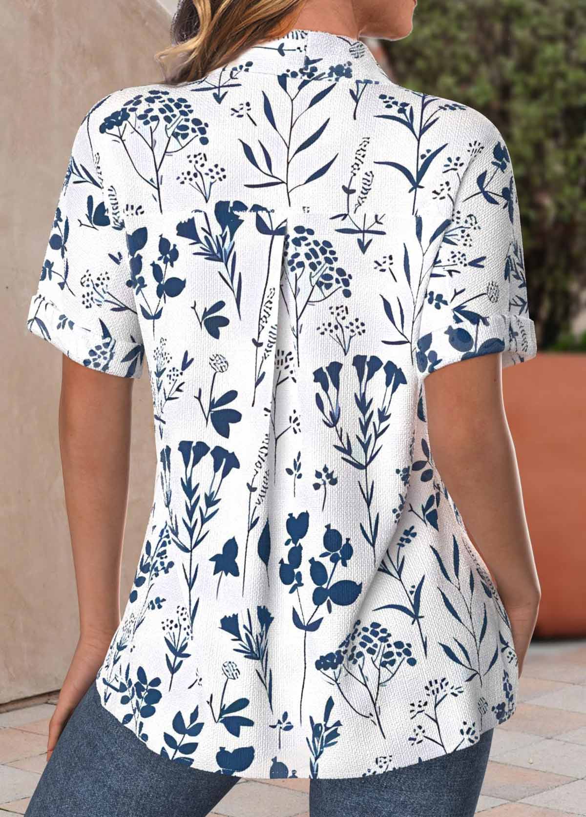 Peacock Blue Textured Fabric Leaf Print Short Sleeve Shirt | picture 