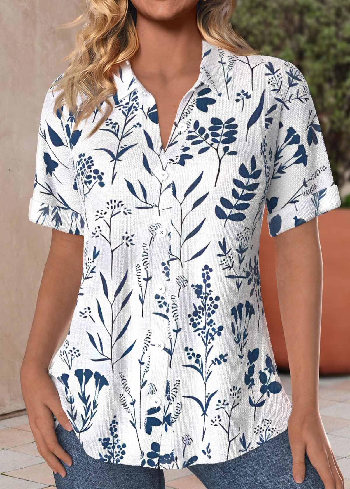 Peacock Blue Textured Fabric Leaf Print Short Sleeve Shirt | picture 